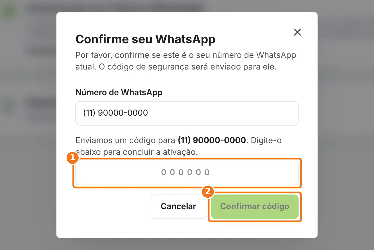 Campo do código de 6 dígitos e o botão Confirmar código destacados