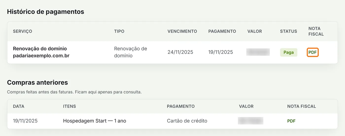 Histórico de pagamentos com o link PDF da nota fiscal destacado