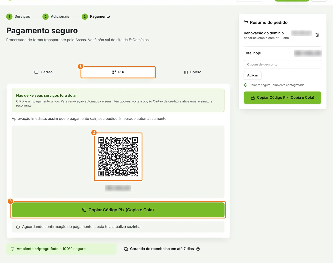Tela de pagamento com a aba PIX, o QR Code e o botão Copiar Código Pix destacados