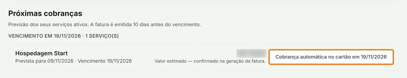Próximas cobranças com o aviso de cobrança automática no cartão destacado