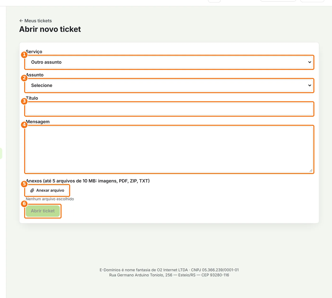 Formulário de novo ticket com serviço, assunto, título, mensagem, anexos e o botão Abrir ticket destacados
