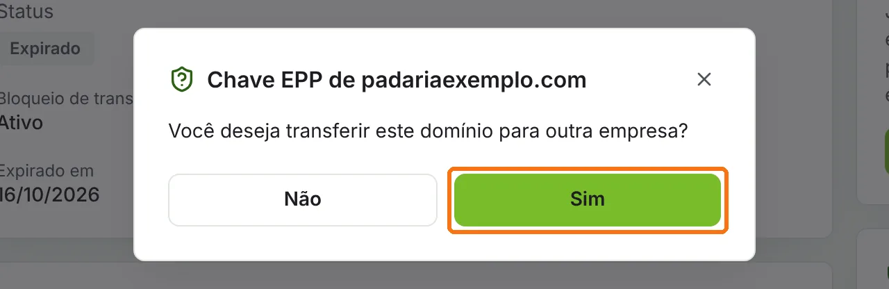 Janela Chave EPP perguntando se deseja transferir o domínio, com o botão Sim destacado