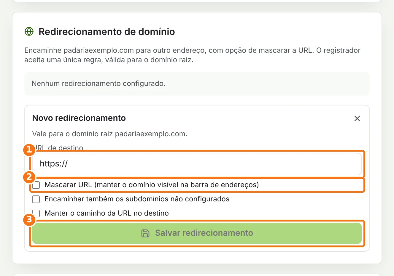 Formulário de novo redirecionamento com o campo de URL, a opção Mascarar URL e o botão Salvar destacados