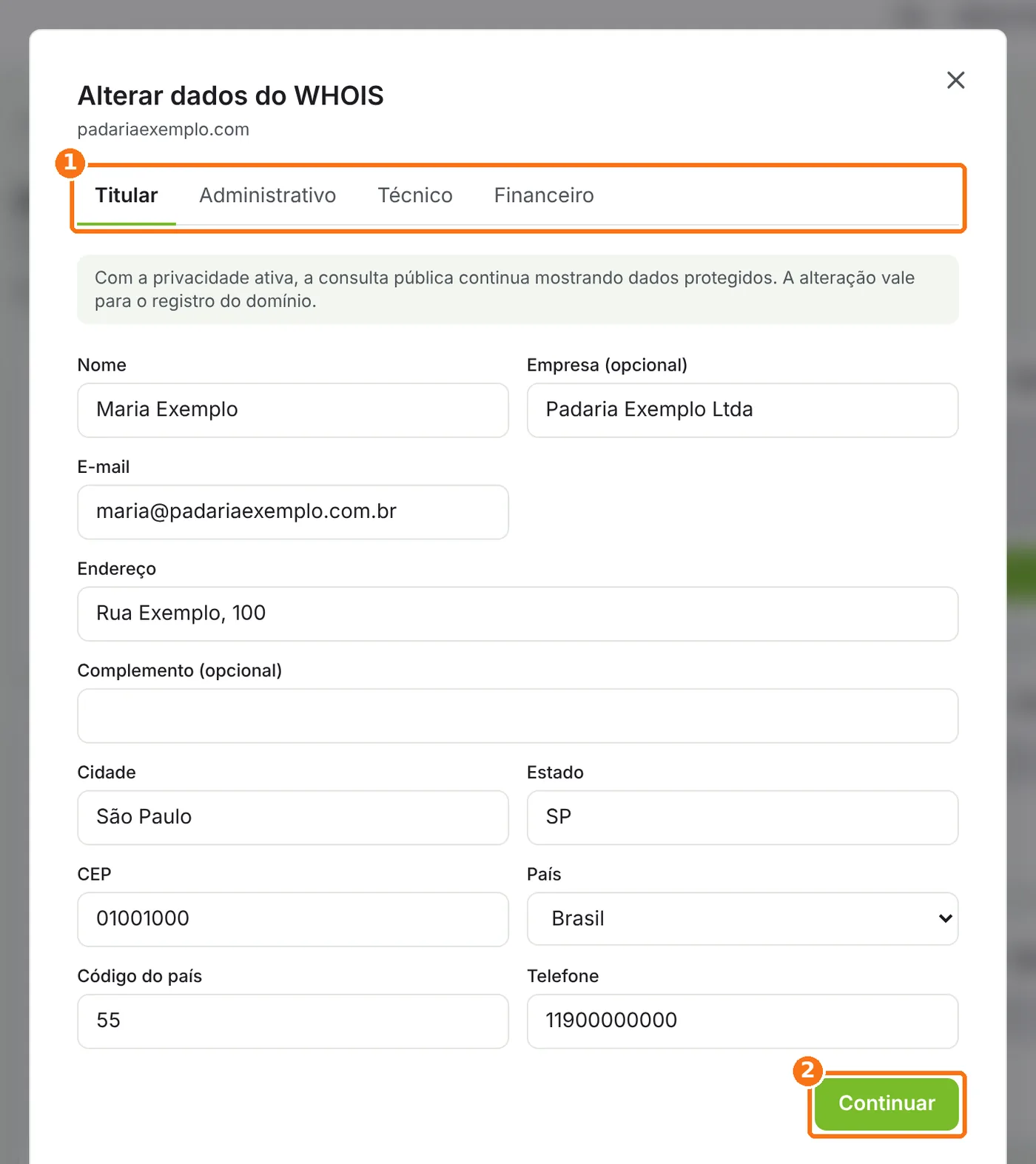 Janela Alterar dados do WHOIS com as abas de contato e o botão Continuar destacados