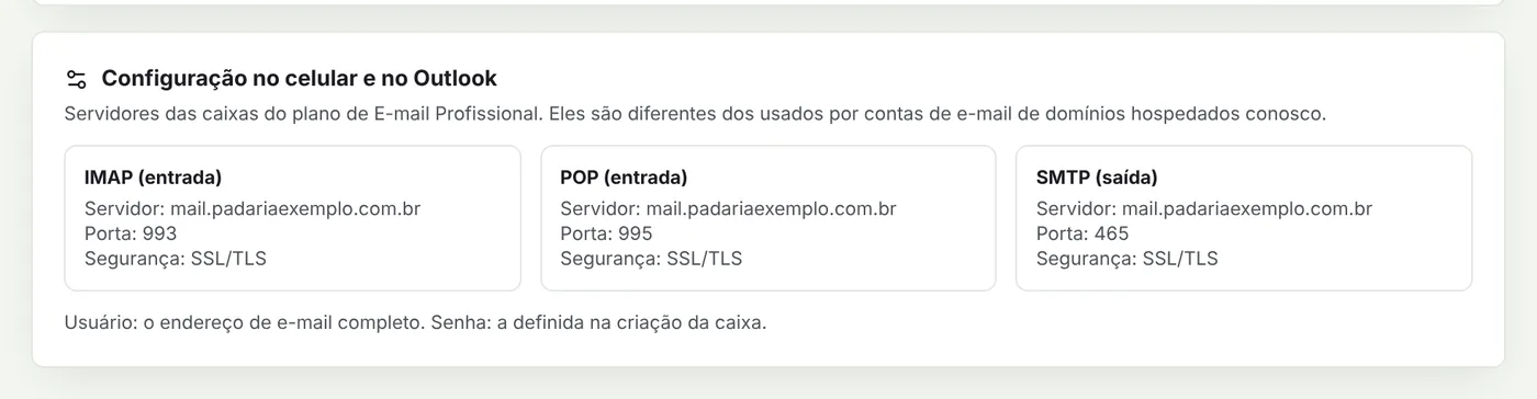 Quadro com os servidores IMAP, POP e SMTP do e-mail profissional