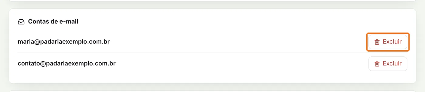 Quadro Contas de e-mail com o botão Excluir destacado