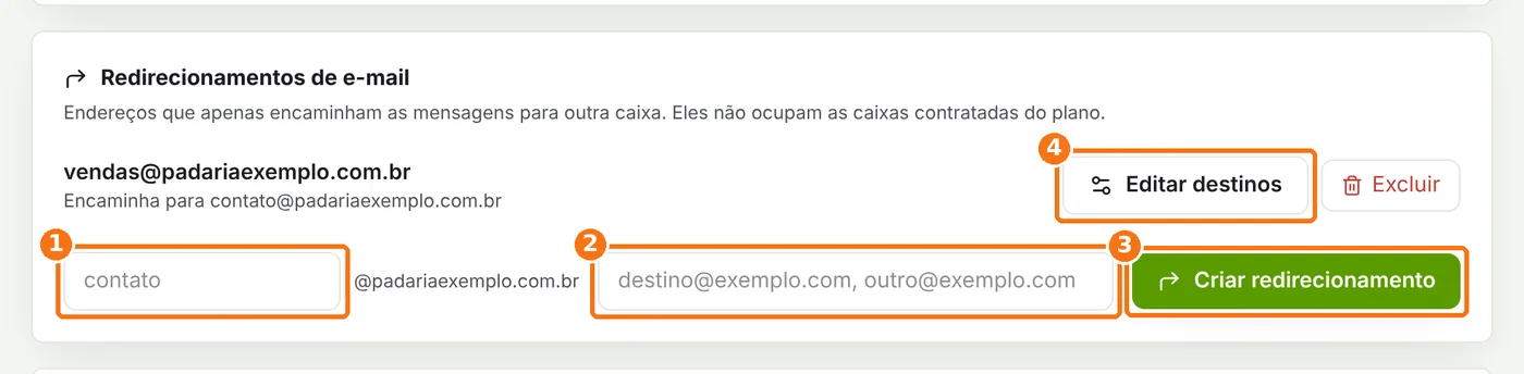 Quadro Redirecionamentos de e-mail com o endereço, os destinos e os botões Criar redirecionamento e Editar destinos destacados