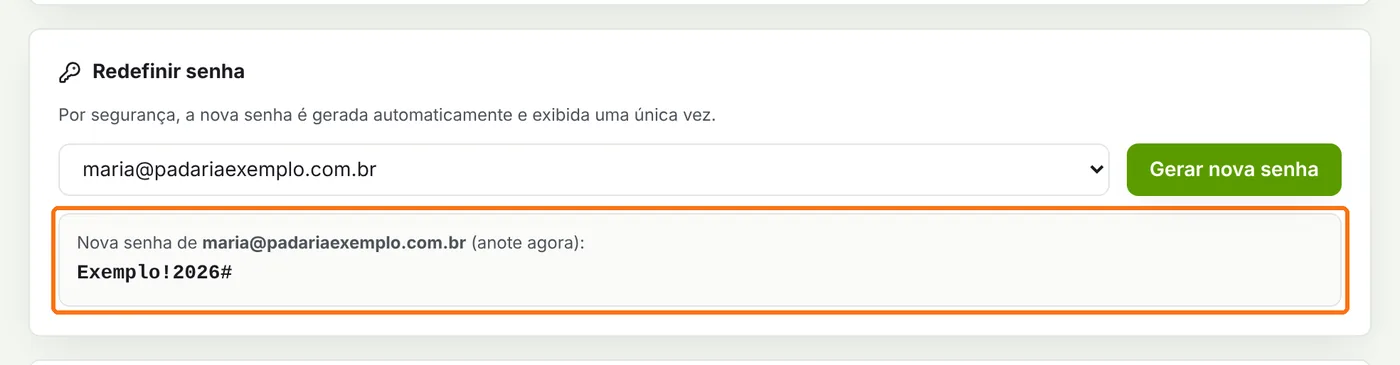 Nova senha gerada exibida abaixo do botão Gerar nova senha
