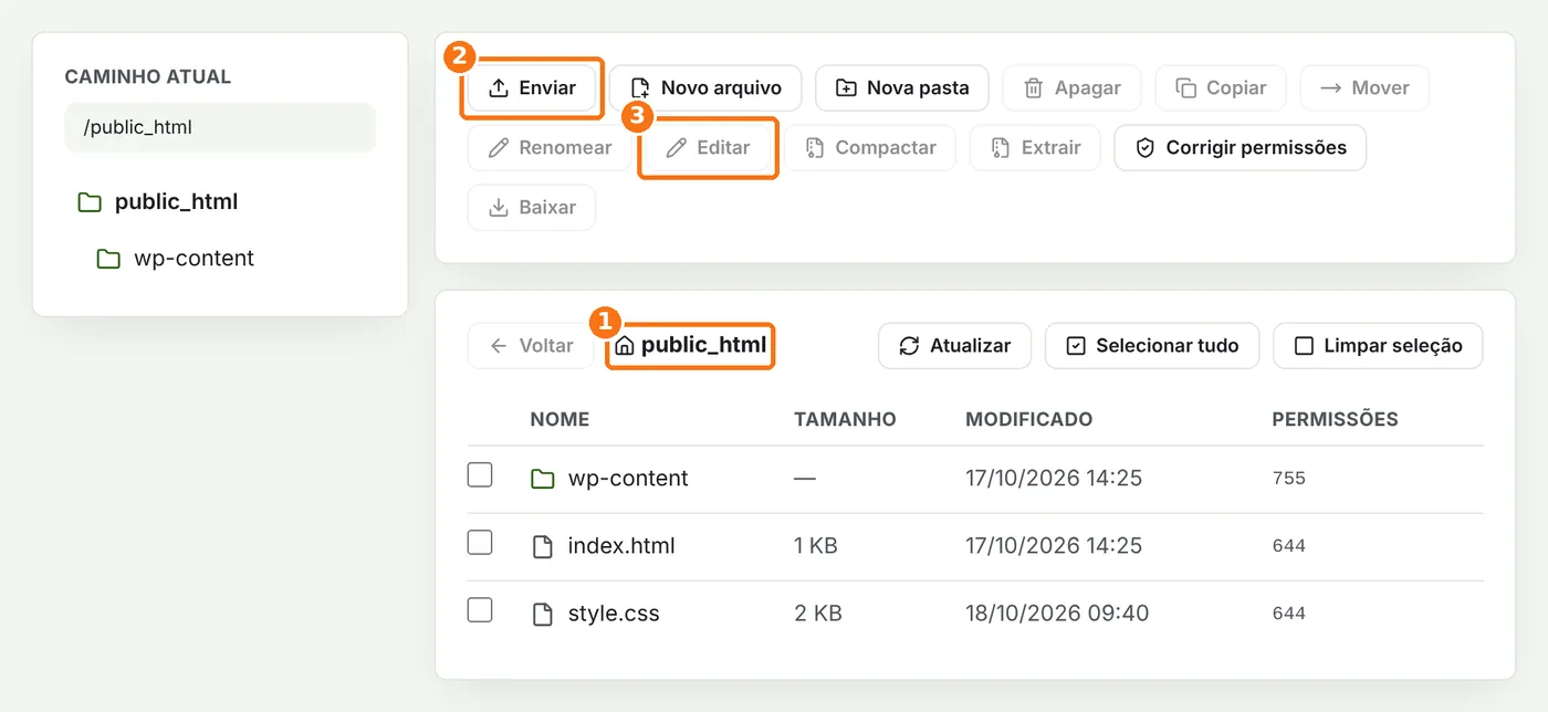 Gestor de arquivos com a pasta public_html e os botões Enviar e Editar destacados
