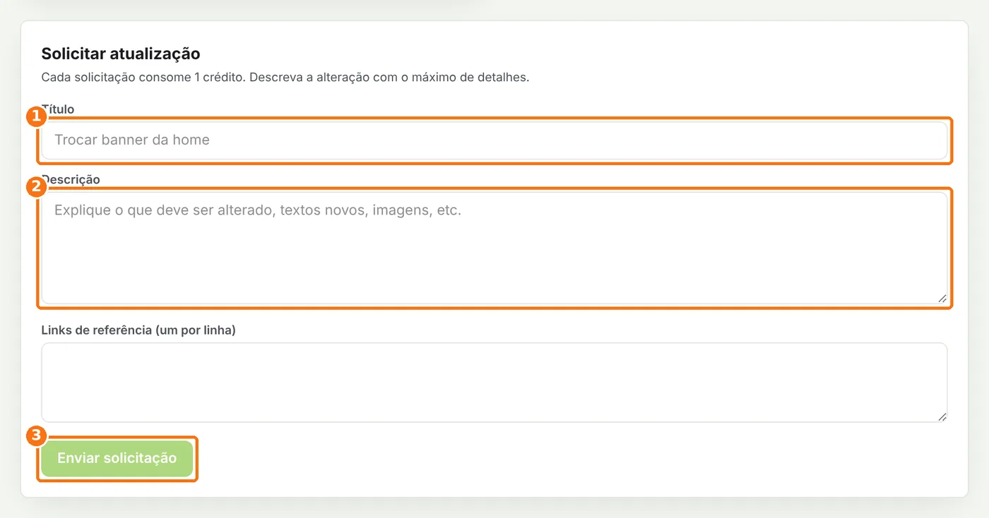 Formulário Solicitar atualização com título, descrição e o botão Enviar solicitação destacados