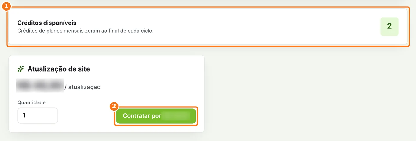 Créditos disponíveis e o botão de contratar atualizações destacados