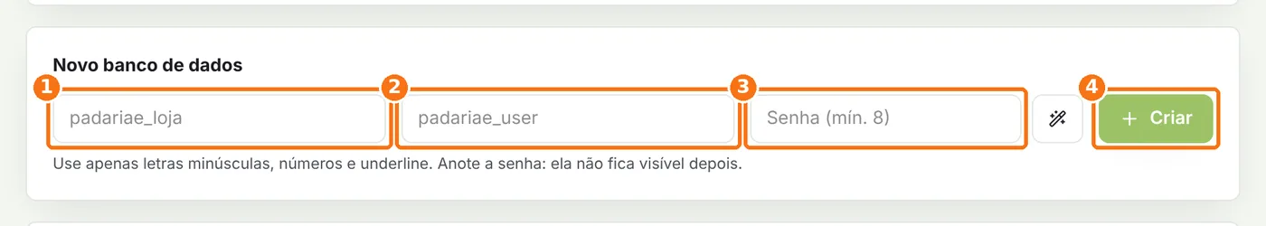 Formulário Novo banco de dados com nome, usuário, senha e o botão Criar destacados