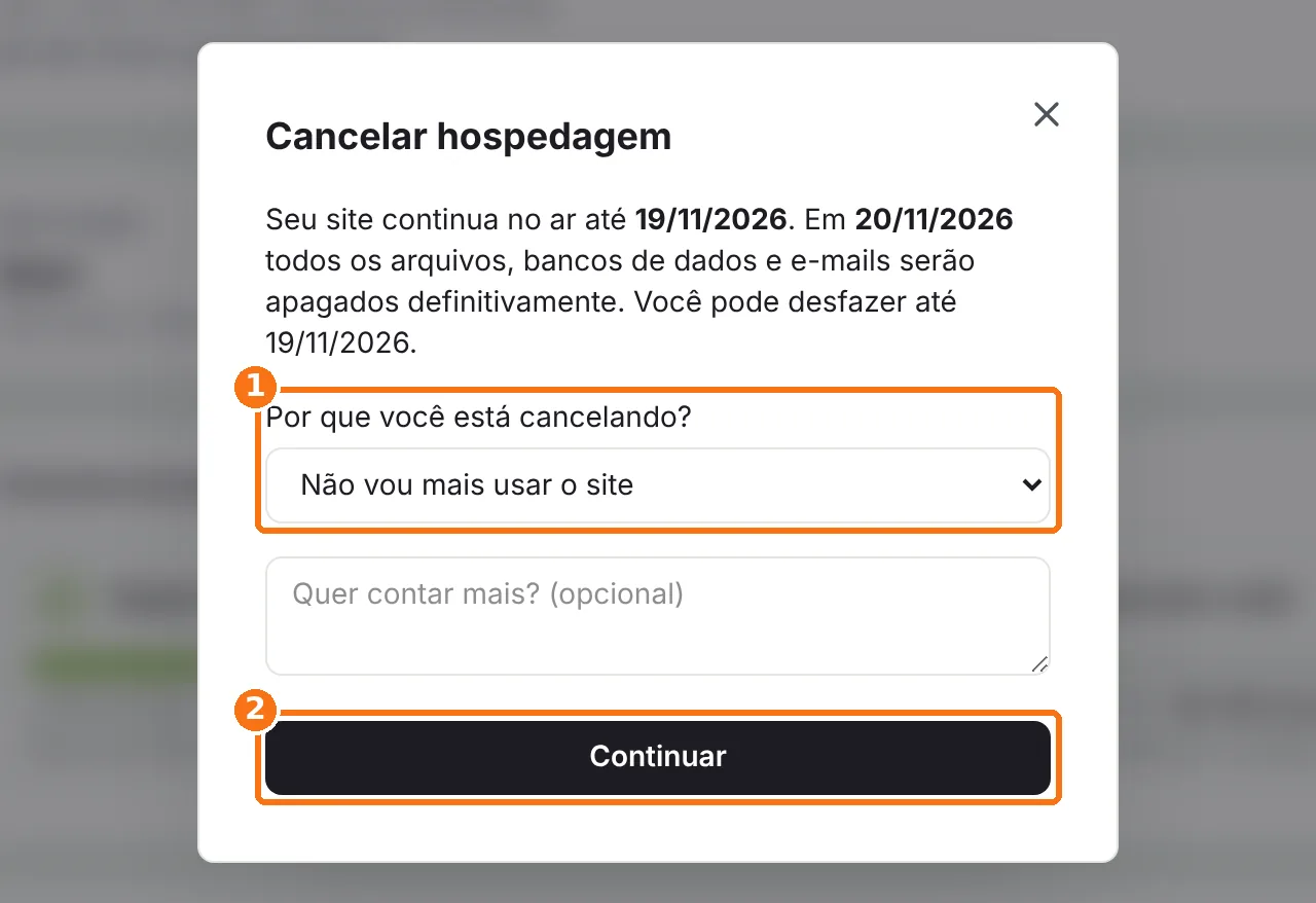 Janela Cancelar hospedagem com o motivo e o botão Continuar destacados