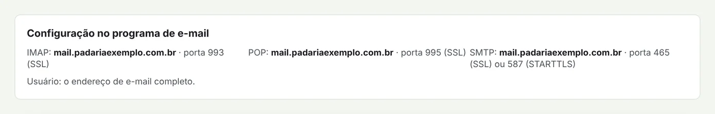 Quadro Configuração no programa de e-mail com os dados de IMAP, POP e SMTP
