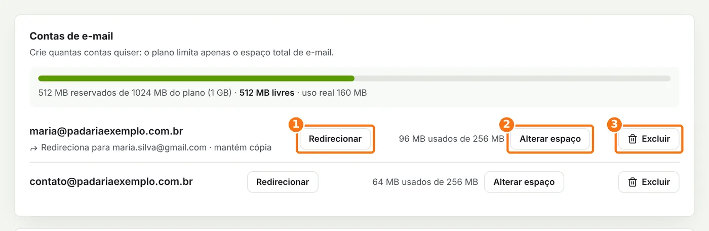 Lista de contas de e-mail com os botões Redirecionar, Alterar espaço e Excluir destacados