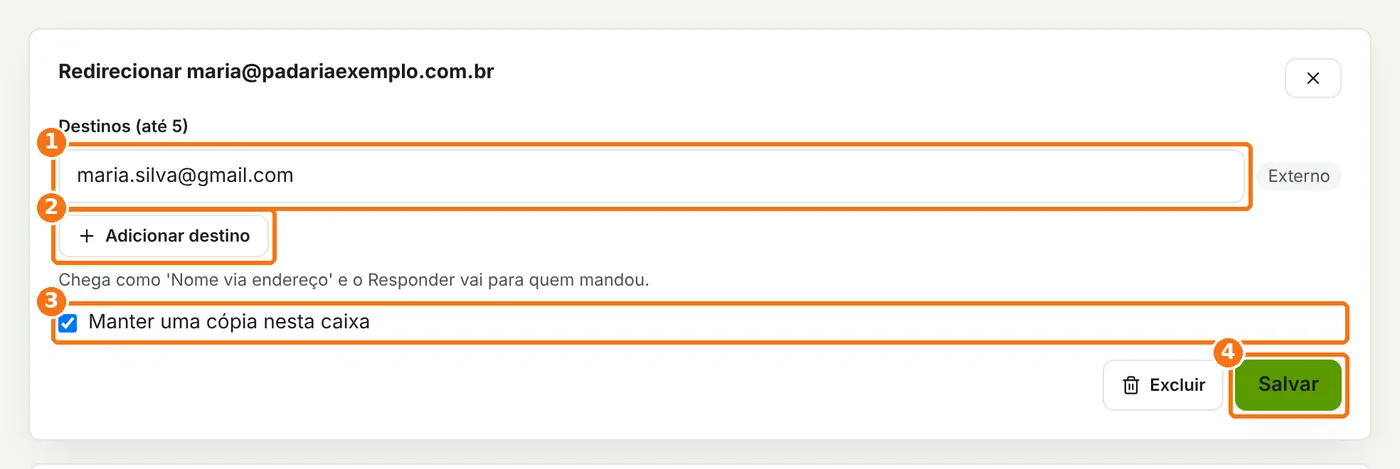 Quadro Redirecionar com o destino, o botão Adicionar destino, a opção Manter uma cópia nesta caixa e o botão Salvar destacados
