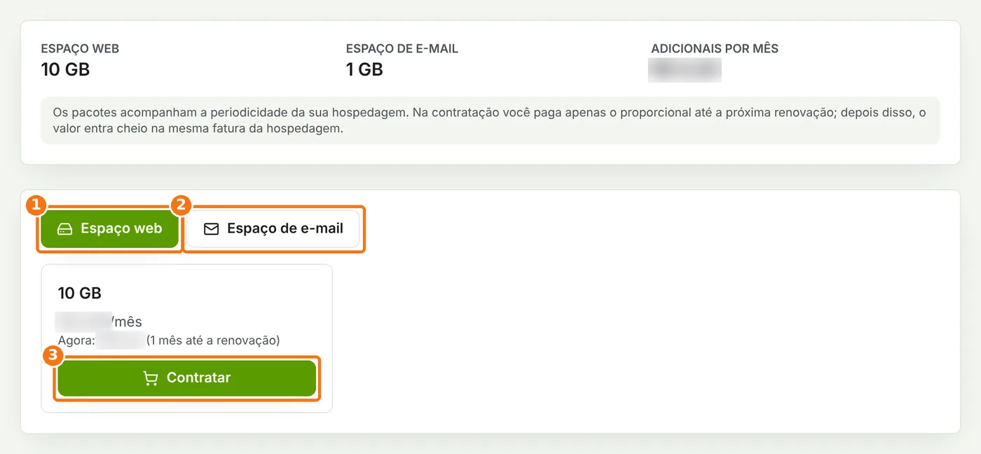 Página Espaço adicional com as abas Espaço web e Espaço de e-mail e o botão Contratar destacados