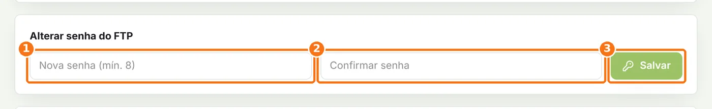 Formulário de senha do FTP com os campos e o botão Salvar destacados