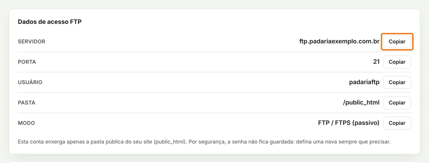 Quadro Dados de acesso FTP com o botão Copiar destacado