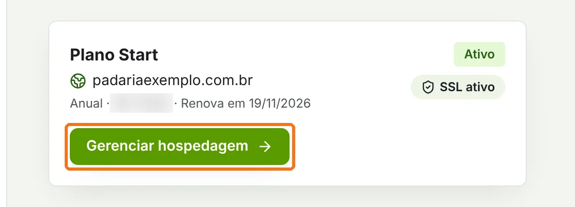 Cartão do plano de hospedagem com o botão Gerenciar hospedagem destacado