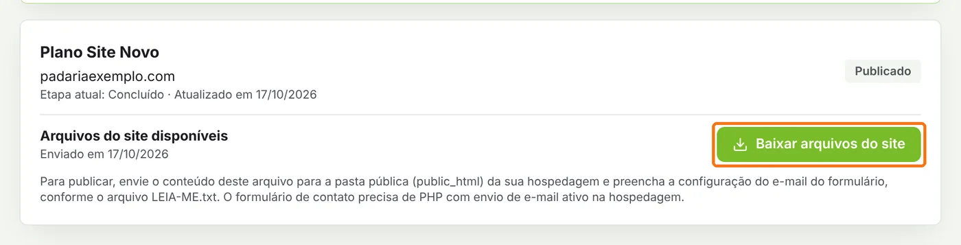 Cartão do site em Meus sites com o botão Baixar arquivos do site destacado