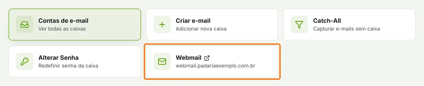 Atalho Webmail destacado na página de e-mails