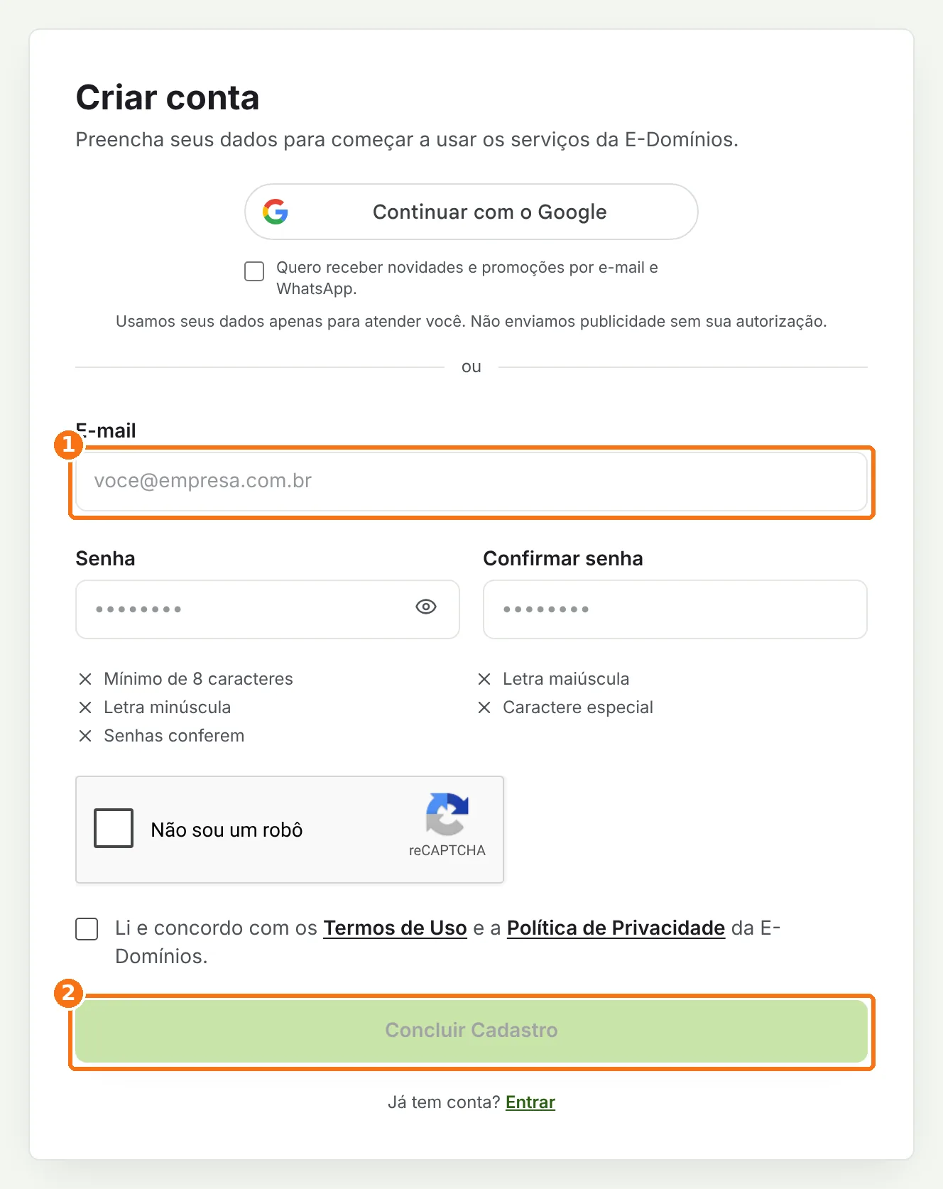 Formulário Criar conta com o campo de e-mail e o botão Concluir Cadastro destacados