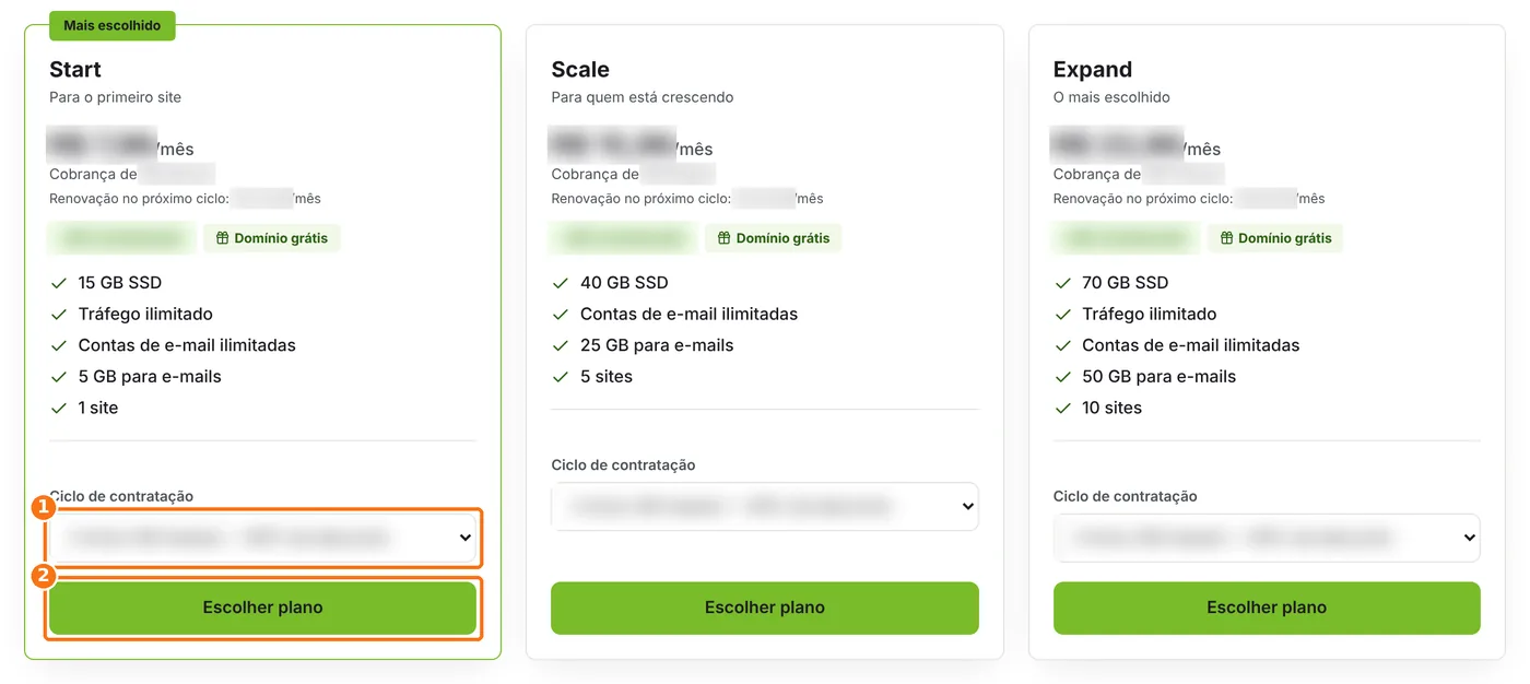 Planos de hospedagem com a escolha do ciclo e o botão Escolher plano destacados