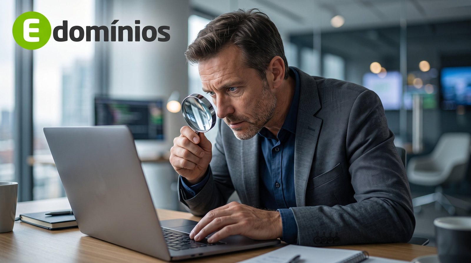 Empreendedor examina com uma lupa a tela de um notebook para conferir se um site é verdadeiro
