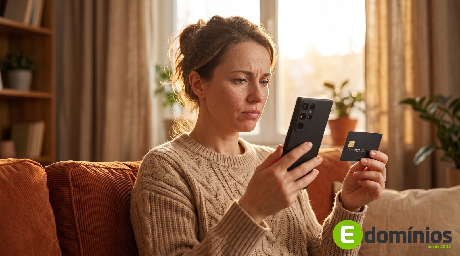 Mulher no sofá segura o celular e o cartão de crédito e hesita antes de concluir uma compra online