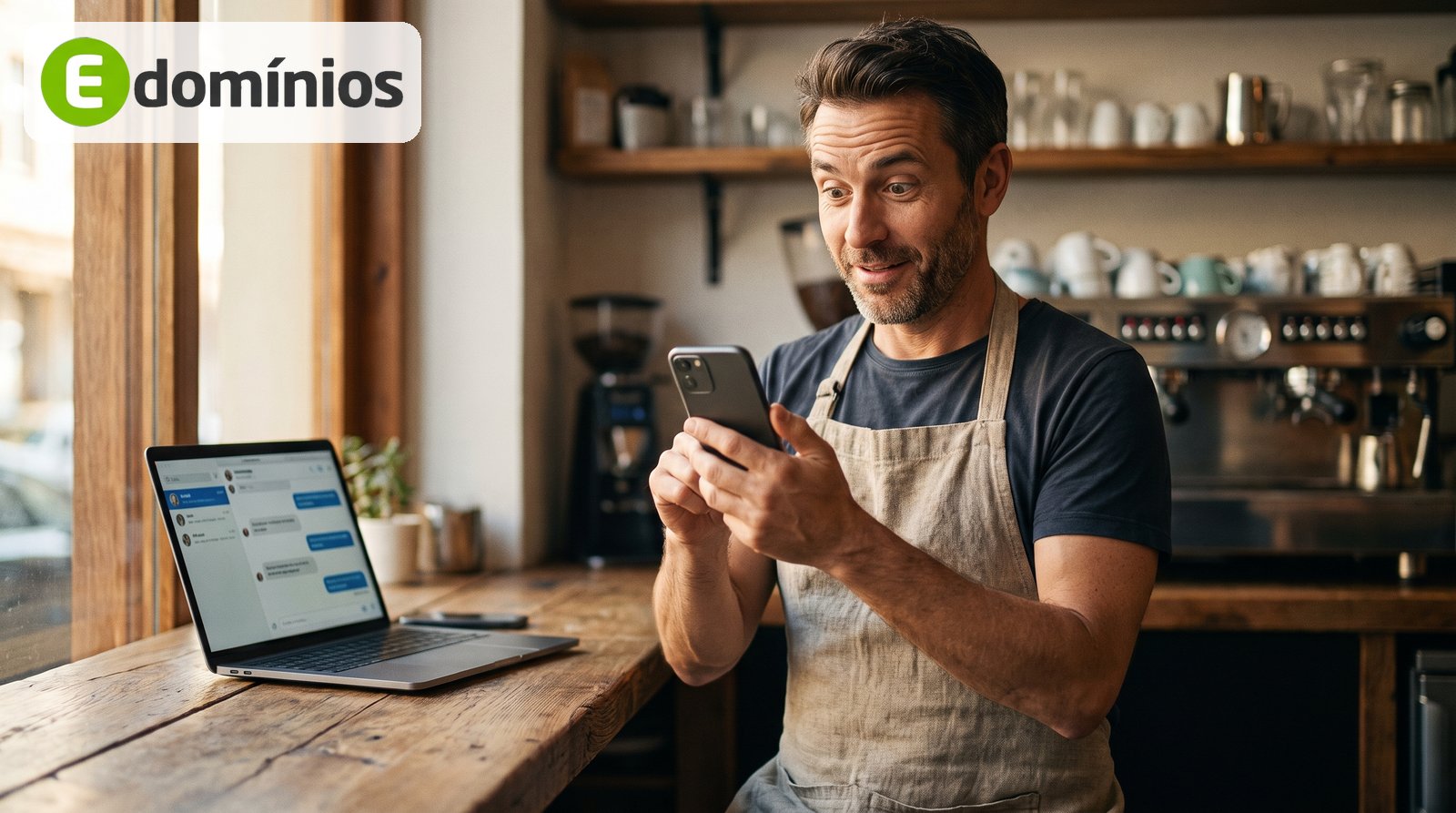 Dono de cafeteria olha surpreso para o celular enquanto um notebook no balcão mostra uma conversa com assistente de IA
