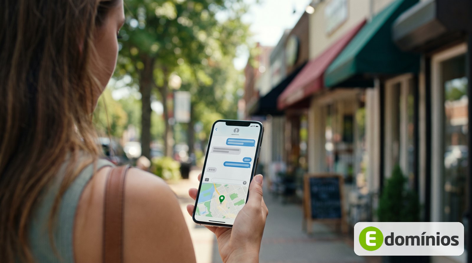 Mulher na rua consulta no celular um assistente de IA que indica uma loja próxima no mapa
