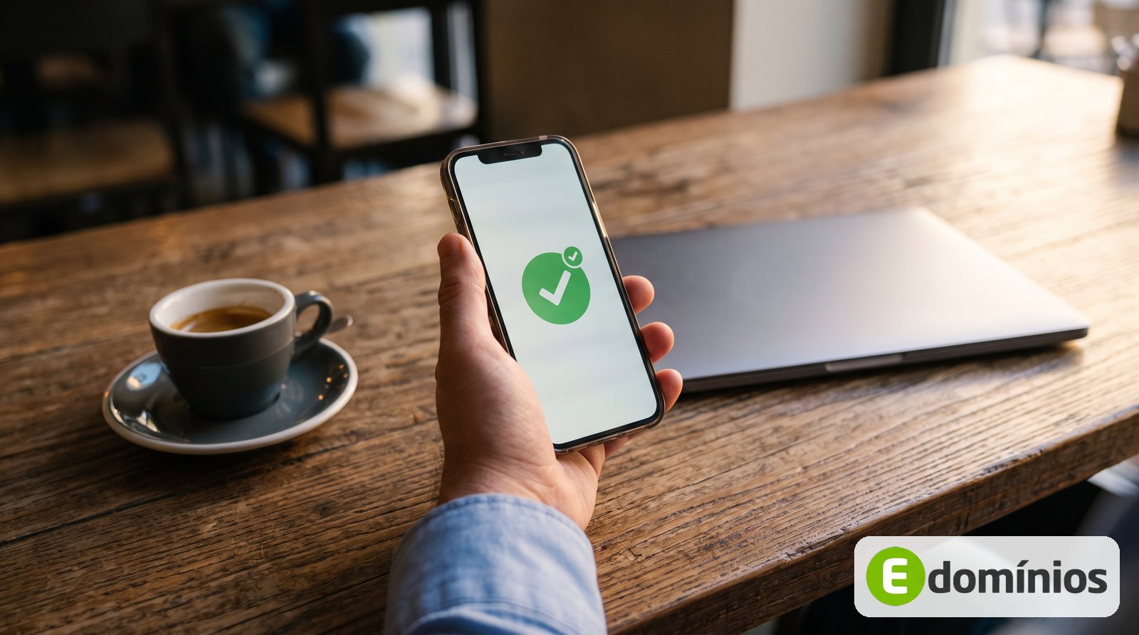 Homem segura o celular que mostra uma notificação de pagamento recebido, sobre a mesa de uma cafeteria